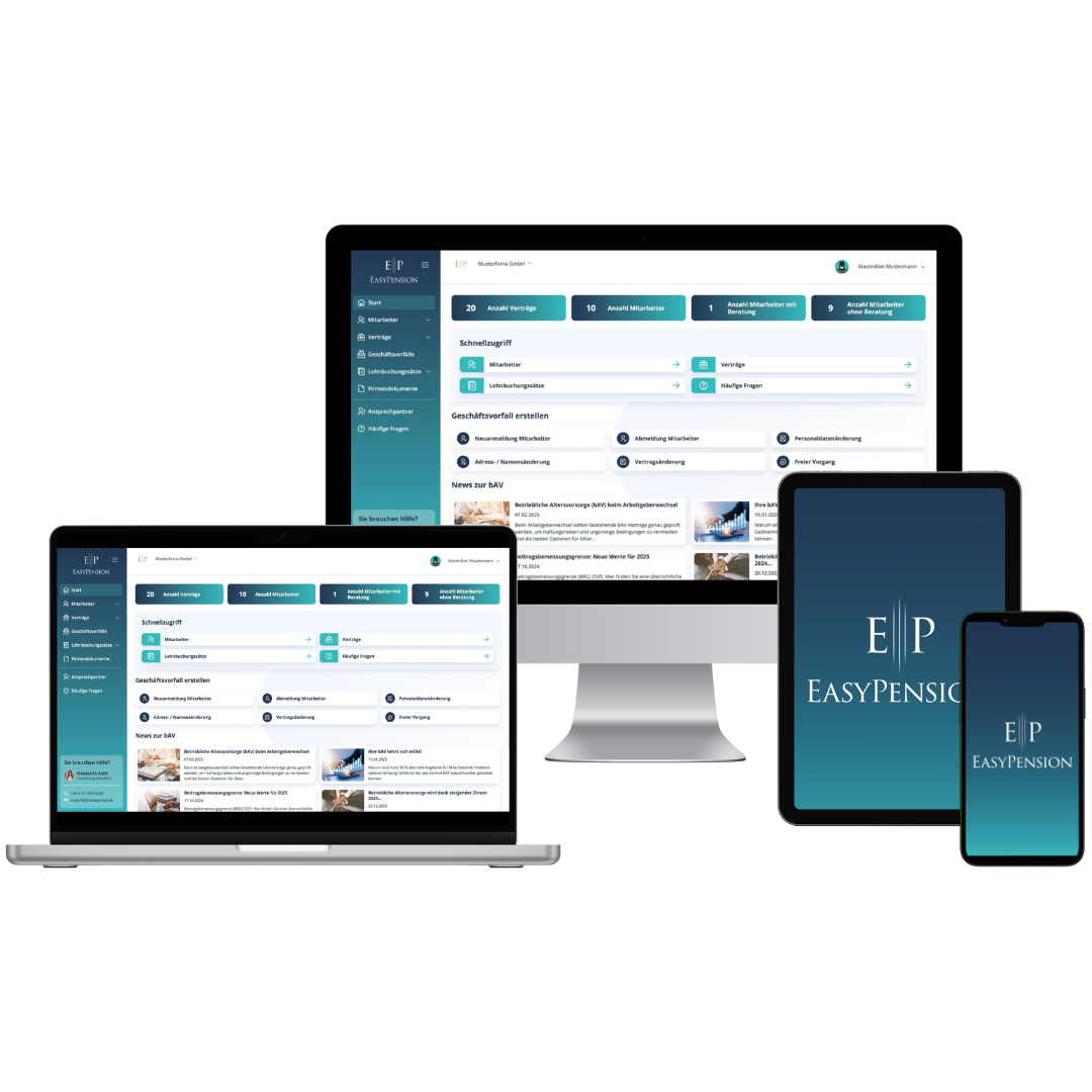 EasyPension® - Die Software für eine vollautomatische bAV-Verwaltung. EasyPension® - Die Software für eine vollautomatische bAV-Verwaltung.