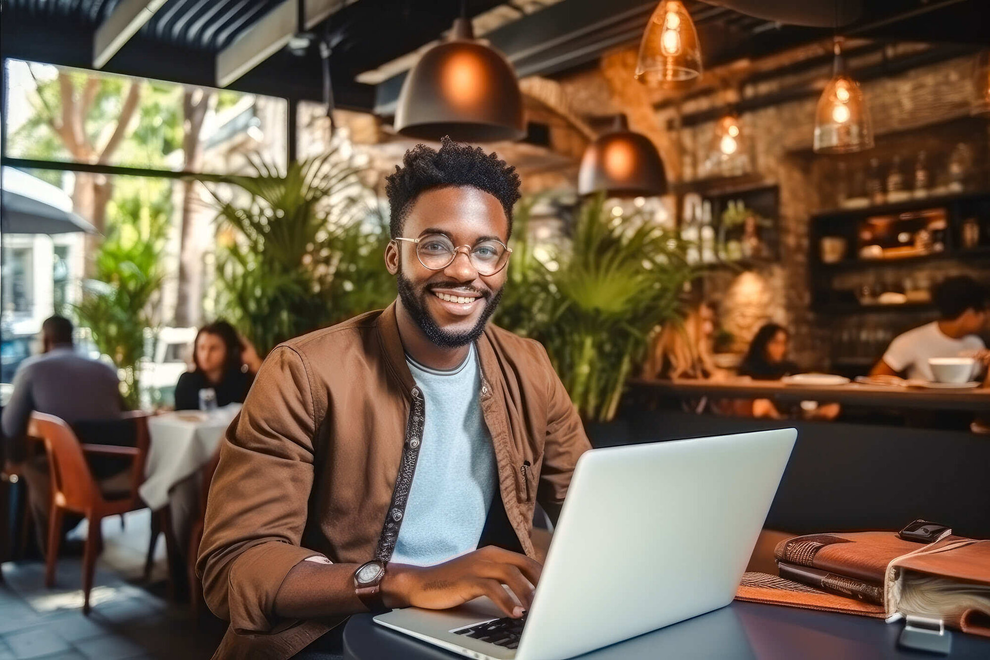 Mann sitzt im Café am Laptop